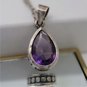 Vintage Sterling Silver Amethyst Teardrop Pendant Necklace 925 Deep Purple Gem